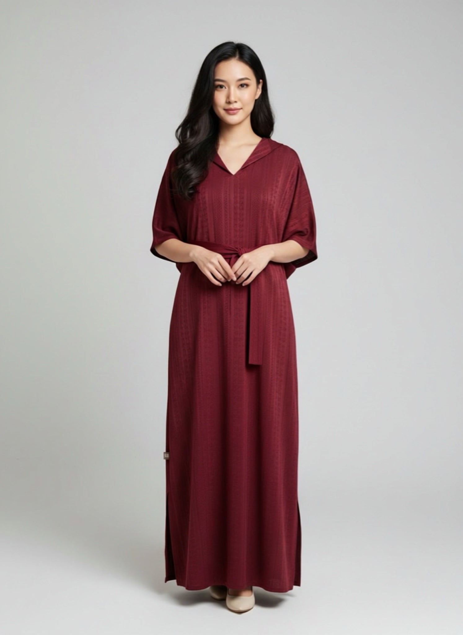 Maroon Belted Kaftan Dress